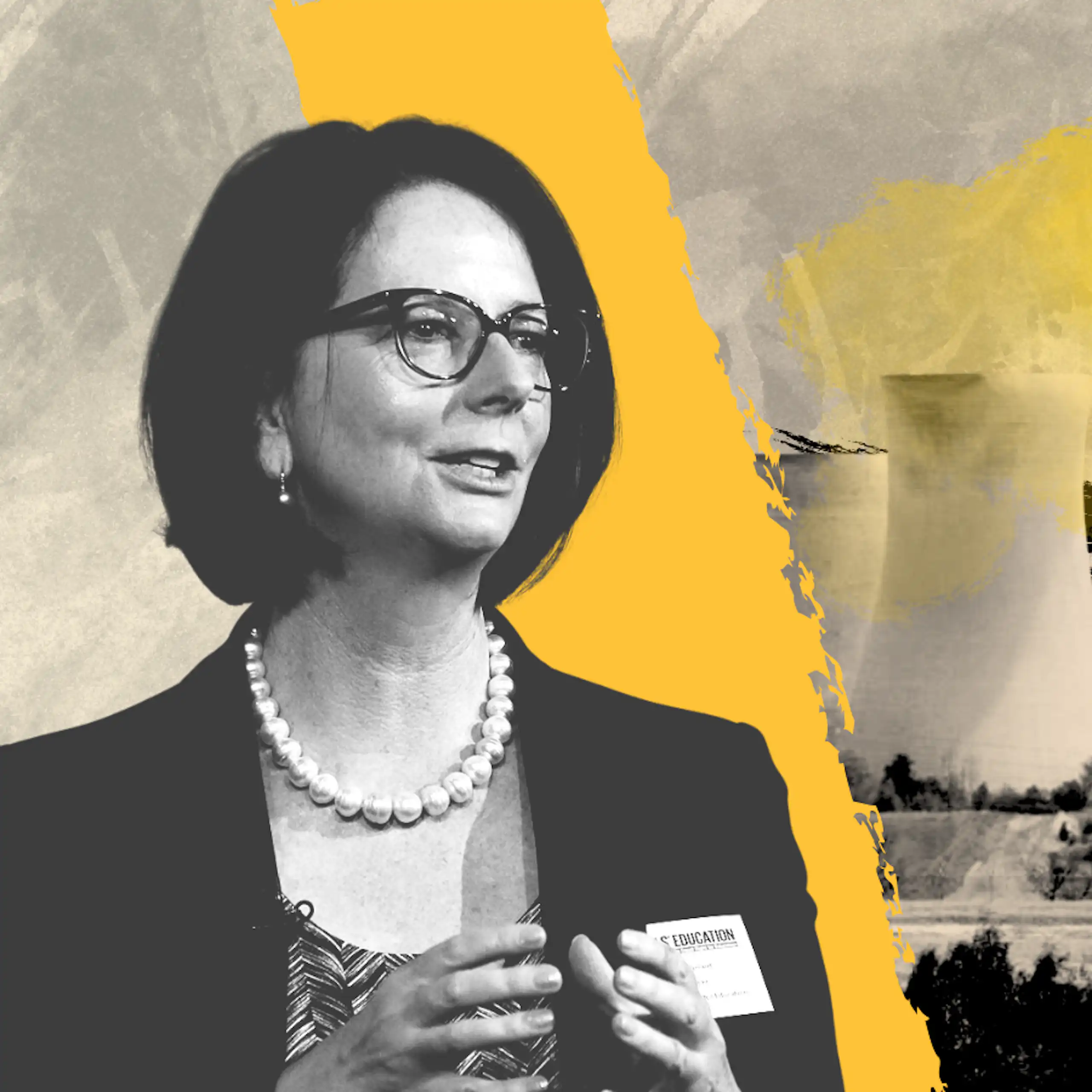 A composite image of Julia Gillard in front of a coal factory