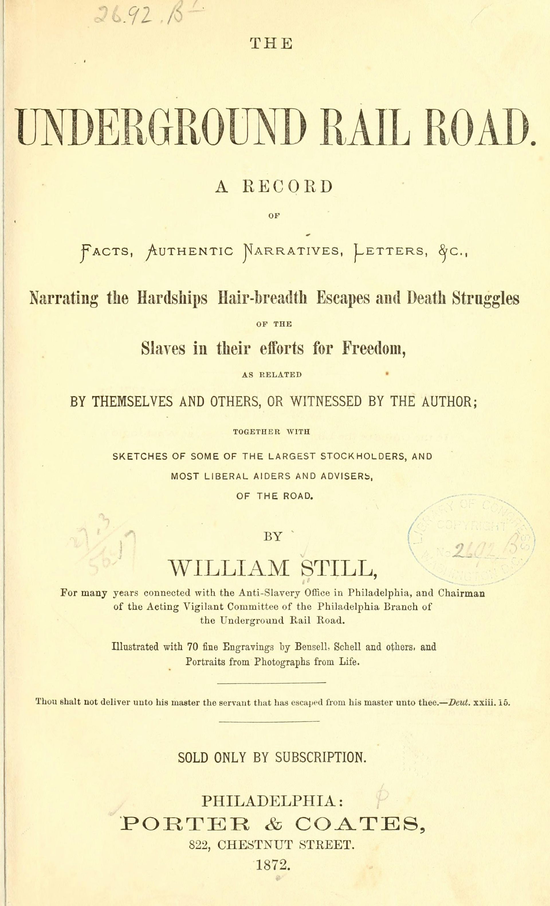 Yellow page of text titled 'The Underground Rail Road: A Record'
