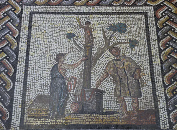 Mosaic depicting a rustic calendar, panel showing a scene of sacrifice (Summer)