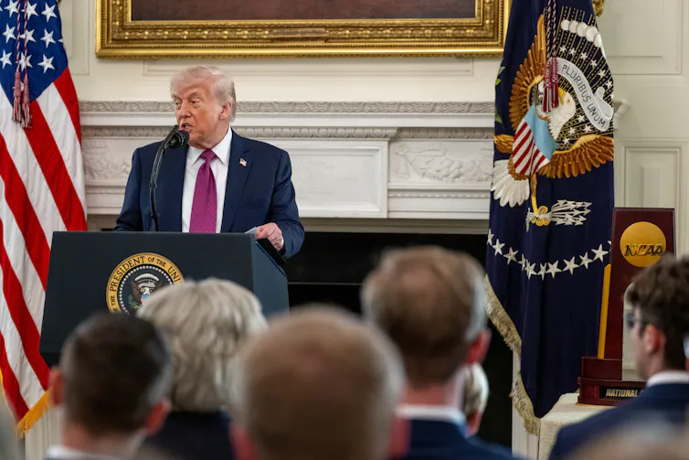 Donald Trump makes a speech at a podium in the White House, April 21 2026