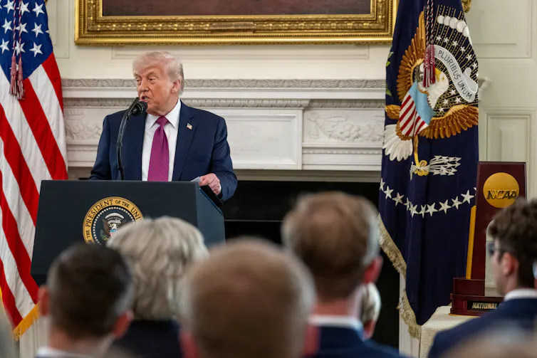 Donald Trump makes a speech at a podium in the White House, April 21 2026