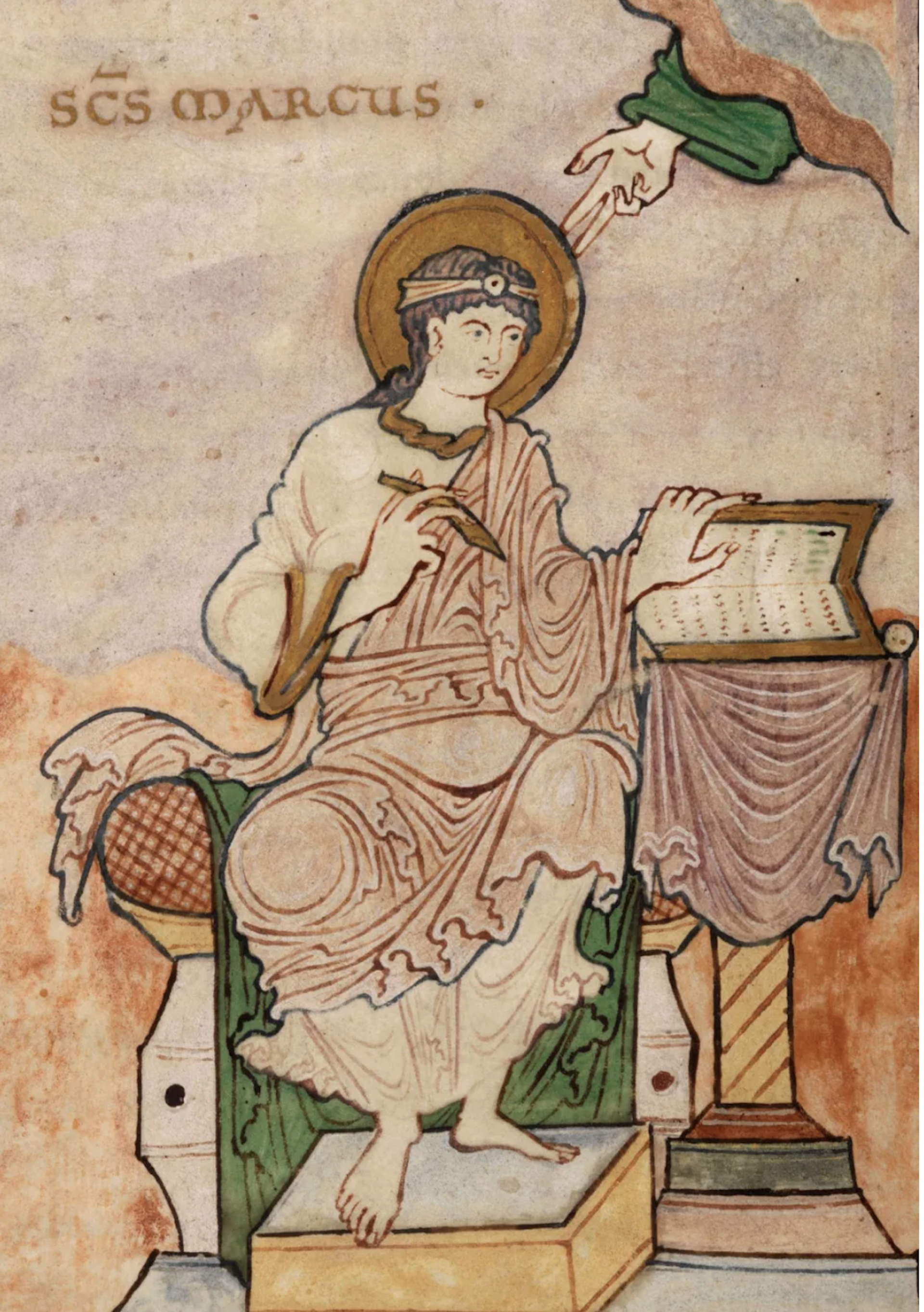 An old mural of a man in robes.