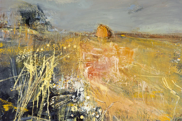 An oil painting of a summer field of barley bathed in golden light.