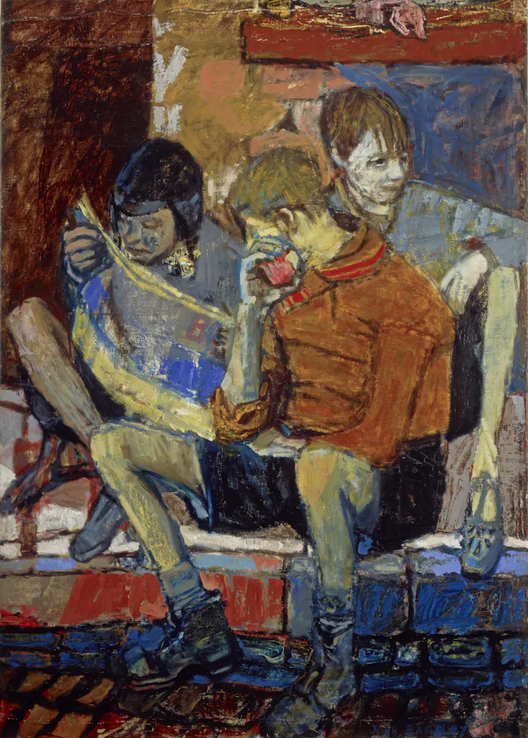 A mixed media painting of three street skids in Glasgow in thee 1950s.