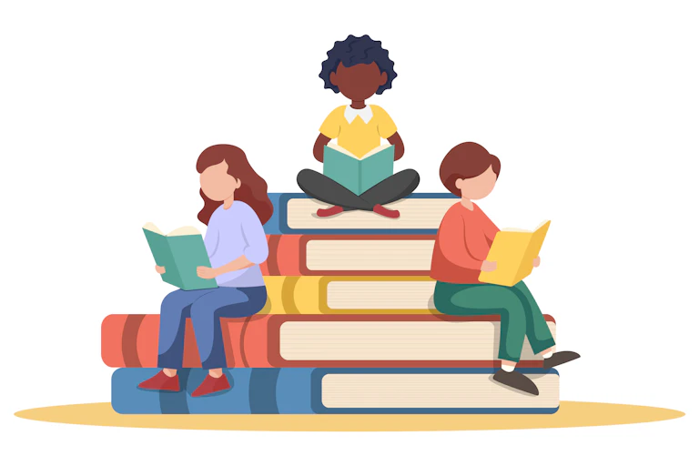 A cartoon graphic shows three children without facial features sitting on a stack of books, as all of them also read books.
