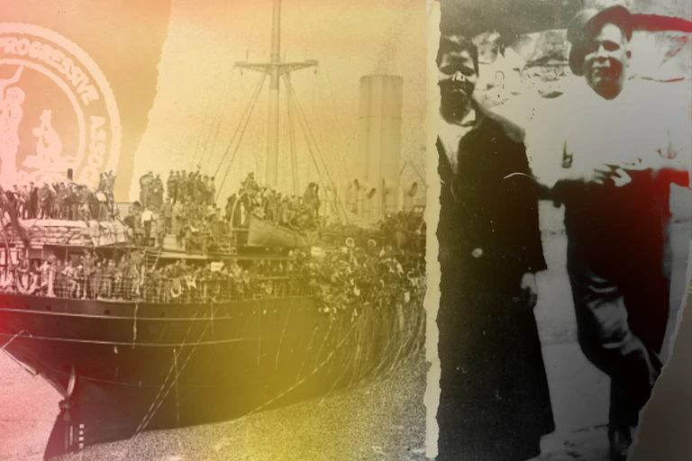 Composite of wartime images shaded in the colours of the Aboriginal flag
