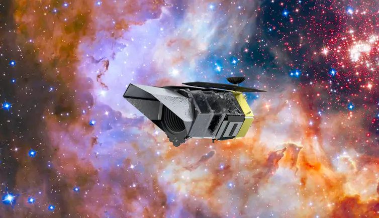 Illustration of the Nancy Grace Roman Space Telescope against the background of Hubble's 25th anniversary image.