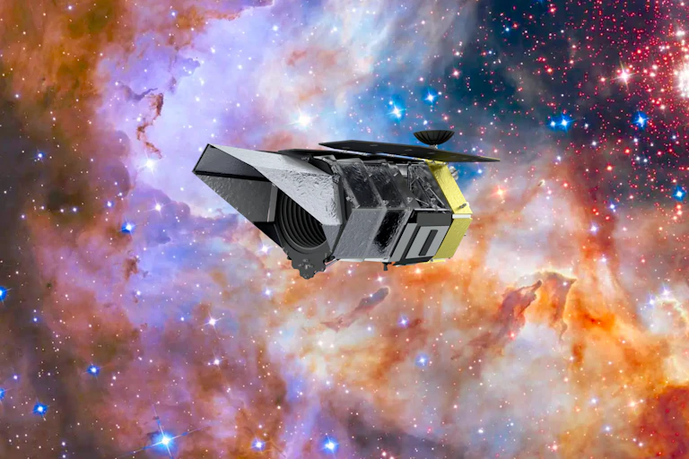 Illustration of the Nancy Grace Roman Space Telescope against the background of Hubble's 25th anniversary image.
