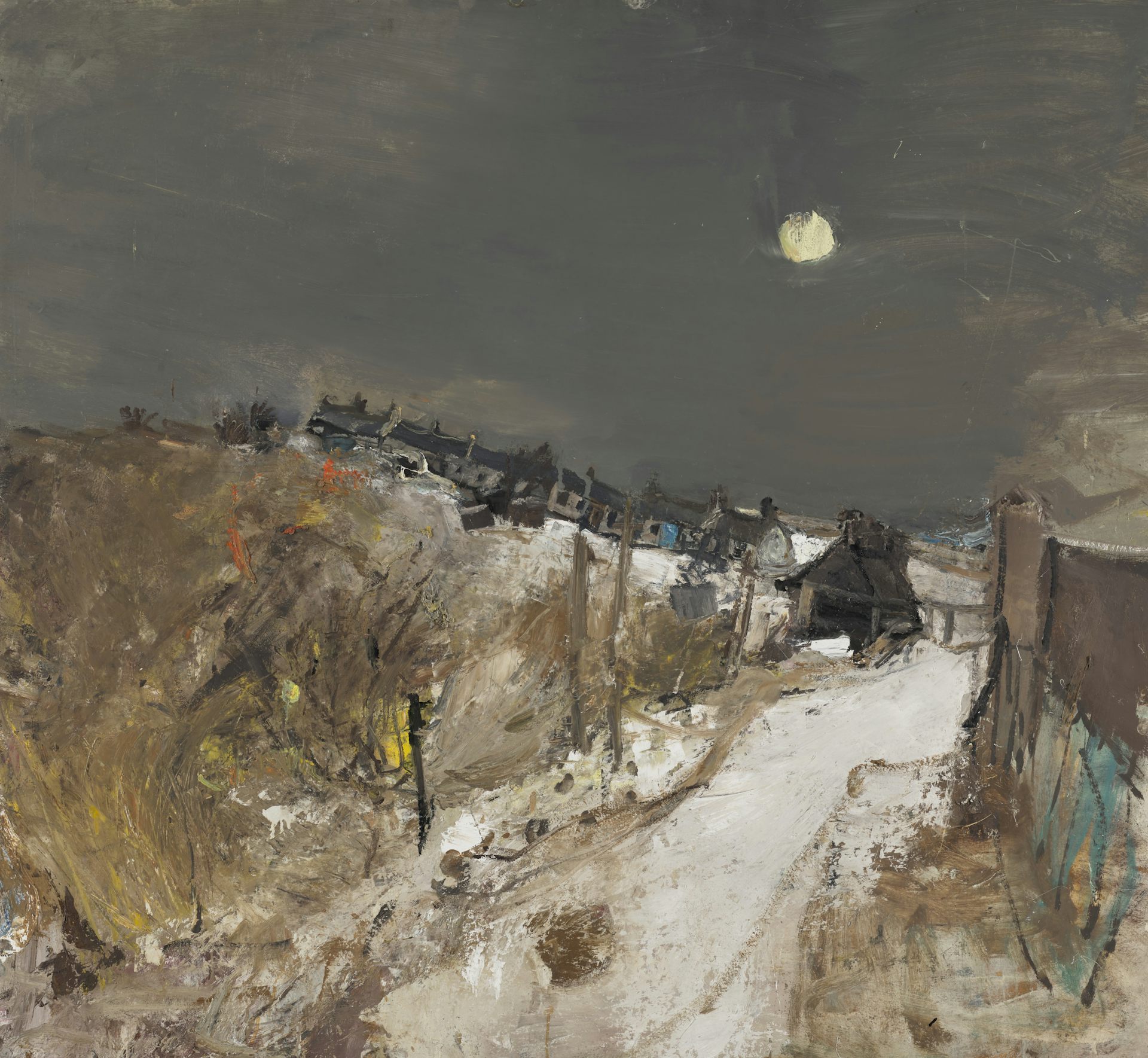 A painting of a rural winter scene with snow and a cold silver moon.