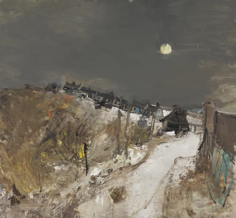 A painting of a rural winter scene with snow and a cold silver moon.