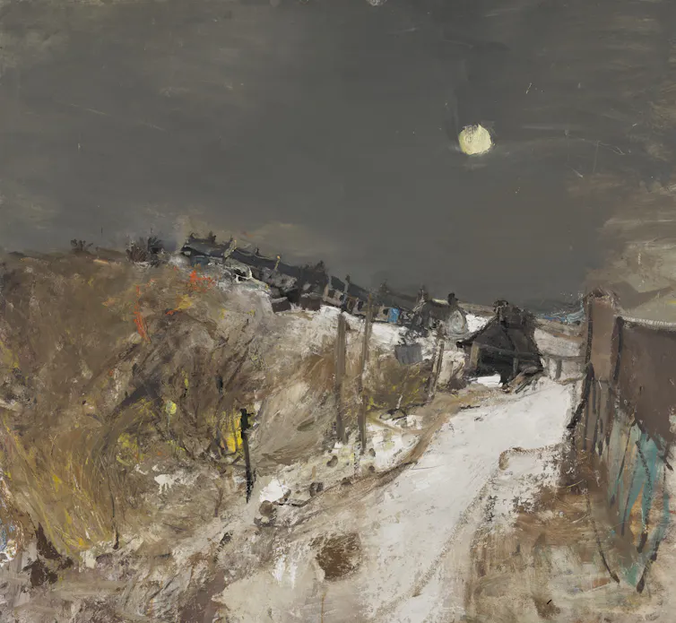 A painting of a rural winter scene with snow and a cold silver moon.