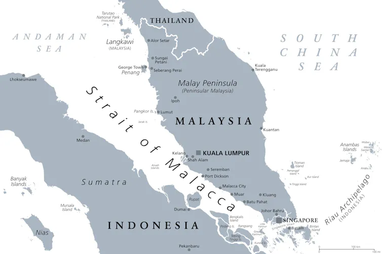 A map showing the Strait of Malacca in south-east Asia.
