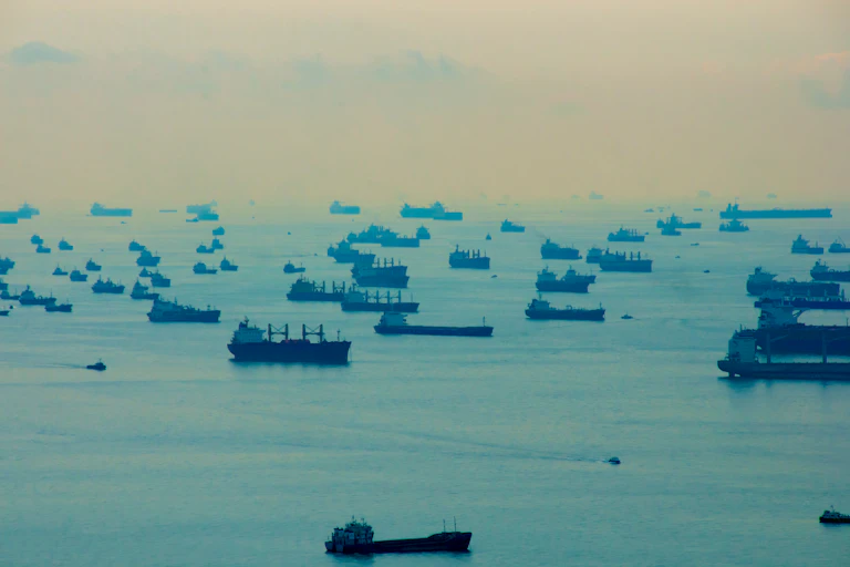 Tanker ships off the coast of Singapore.