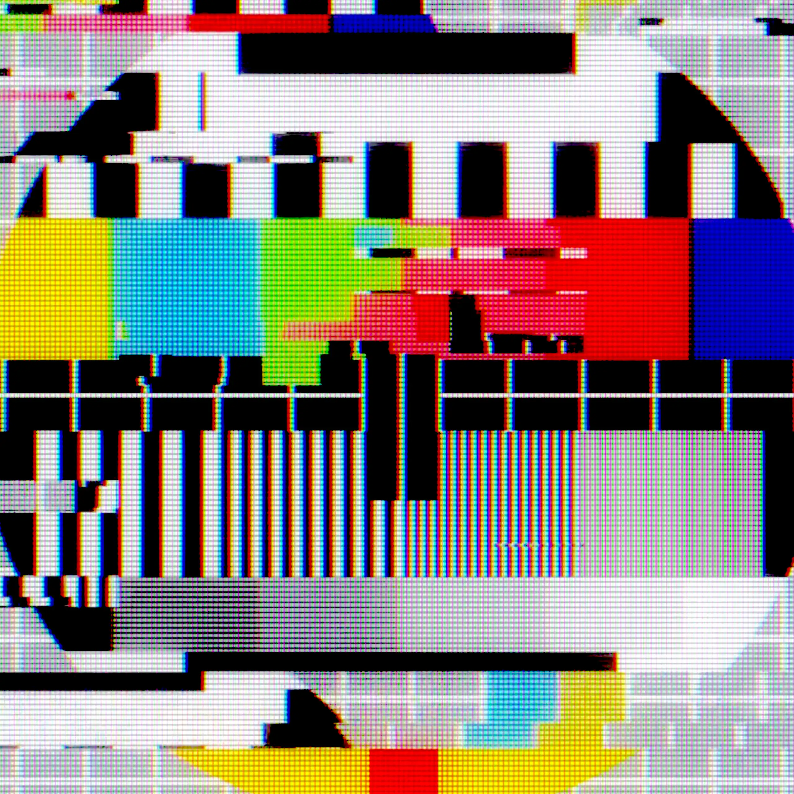 A vintage television test pattern showing a circle and a grid with colours, but glitching.