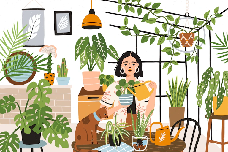 Illustartion of a woman sitting at home surrounded by house plants, holding a watering can, with a cat sitting on the table