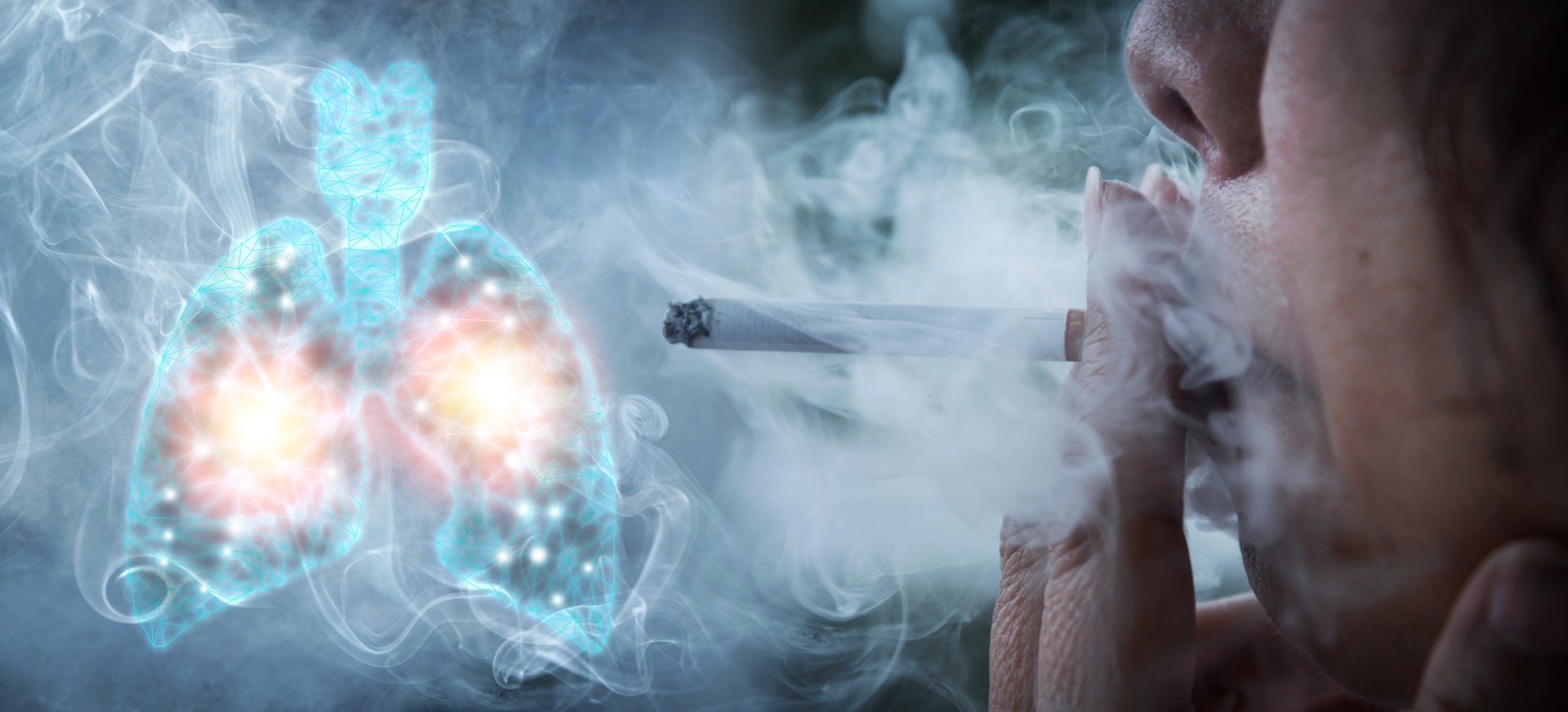 Close up of woman smoking cigarette over image of damaged lungs