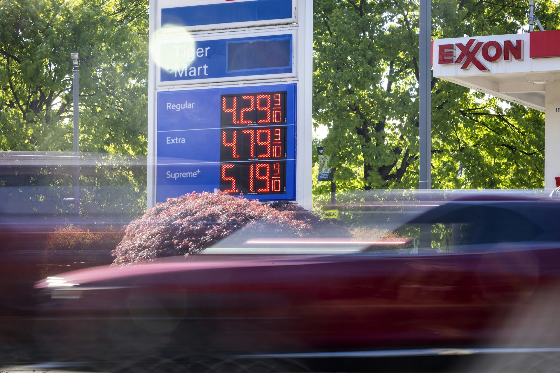 A gas station in the US showing high prices at the pumps.