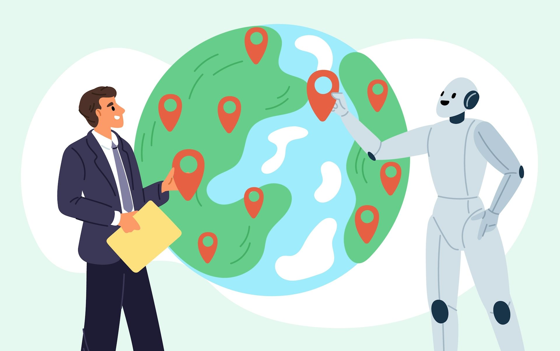 illustration d'un robot et d'un humain discutant autour d'une mappemonde géante