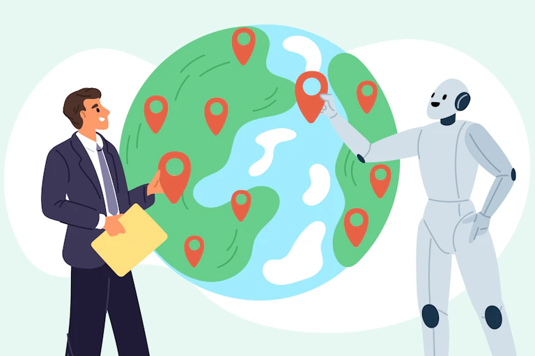 illustration d'un robot et d'un humain discutant autour d'une mappemonde géante
