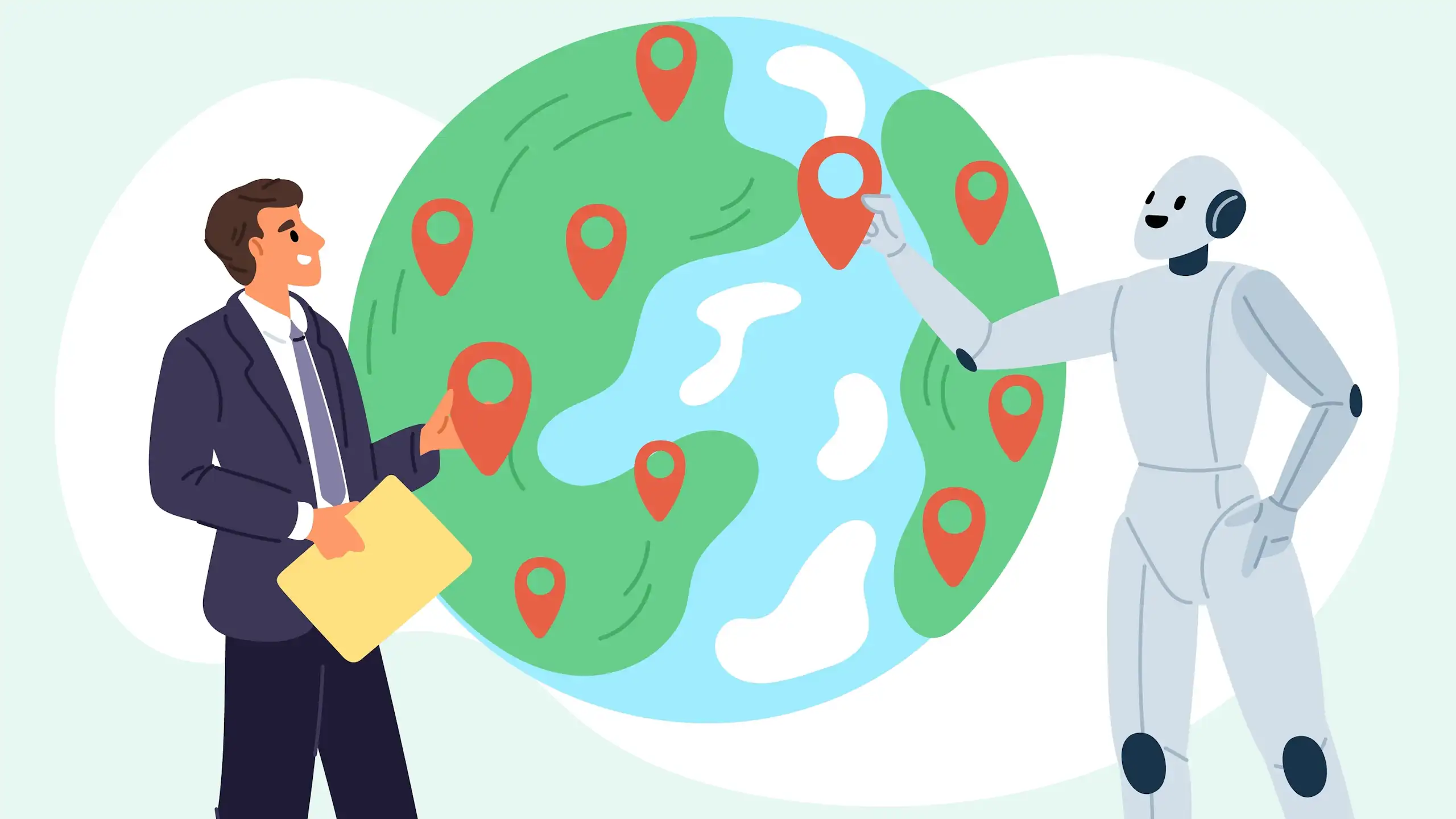 illustration d'un robot et d'un humain discutant autour d'une mappemonde géante
