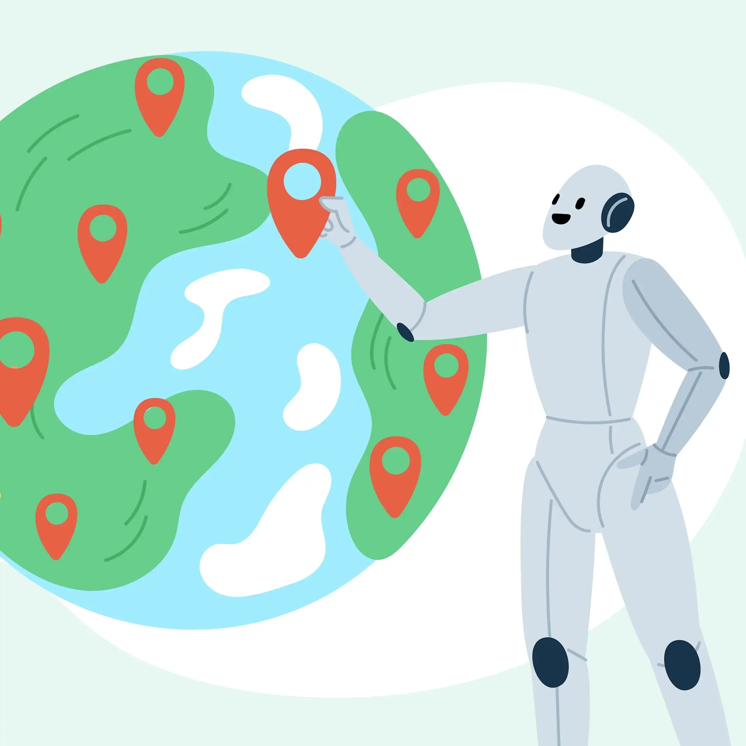 illustration d'un robot et d'un humain discutant autour d'une mappemonde géante