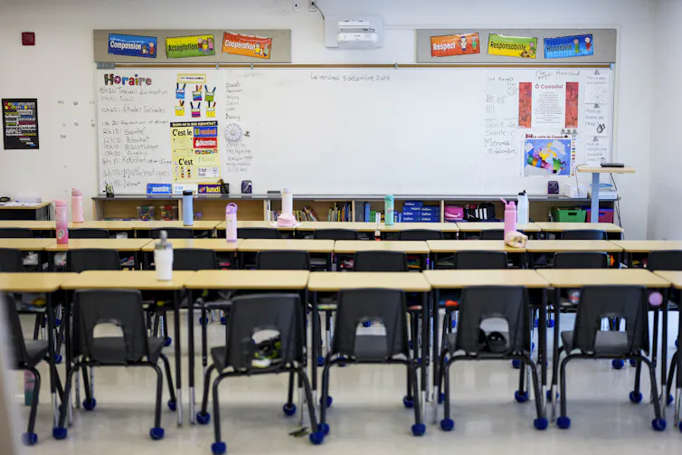 A classroom of desks in front of a blackboard with signs on bulletin boards.