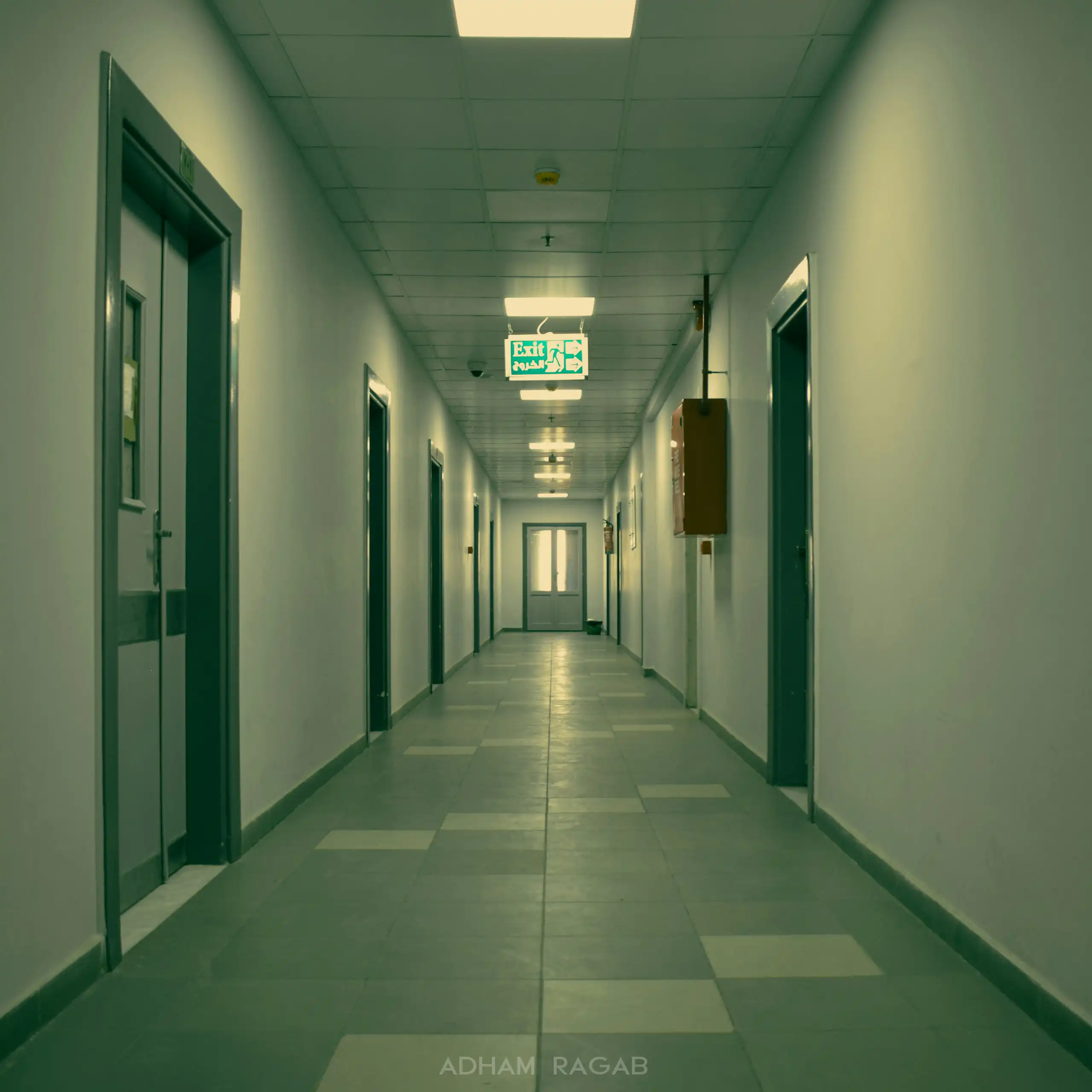 A dimly lit hospital corridor