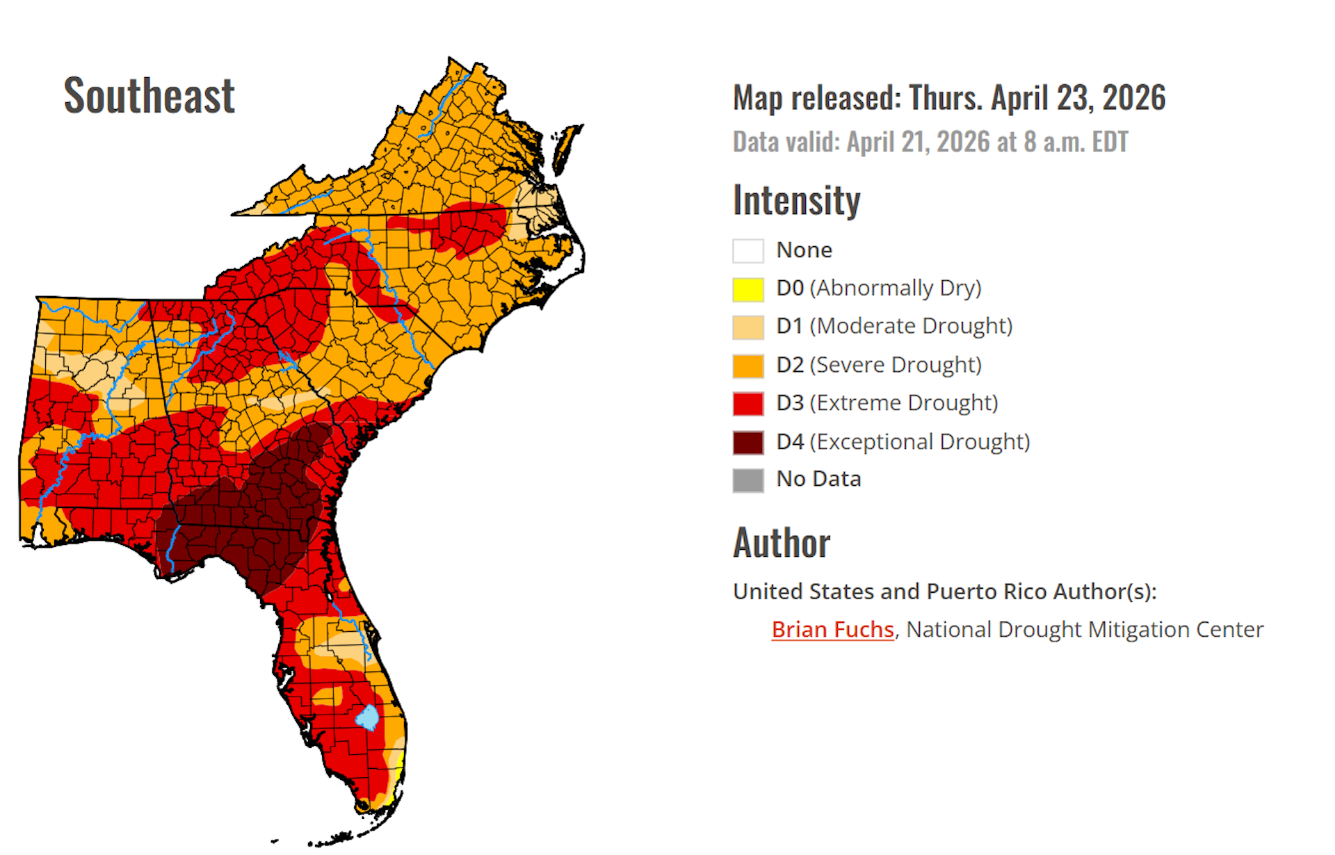 En el mapa del sureste, una zona de sequía excepcional se extiende desde el Panhandle de Florida hasta la costa central de Georgia. la mayoría de los dos estados restantes se encuentran en una sequía extrema.