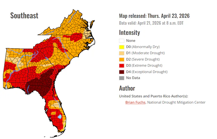 In the map of the Southeast, an area of exceptional drought stretches from the Florida Panhandle to central coastal Georgia. much of the rest of the two states are extreme drought.