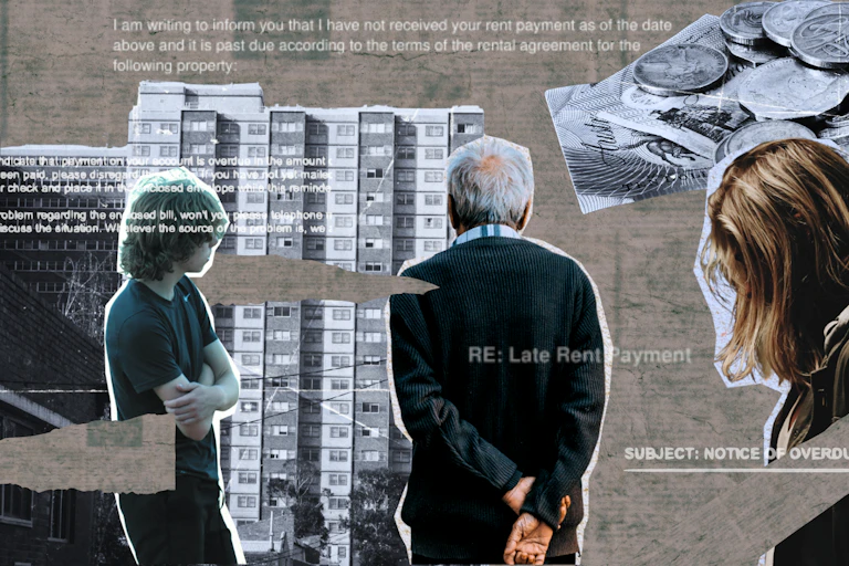 A composite of money, late payment notices, young and old people in a muted, grey colour palette