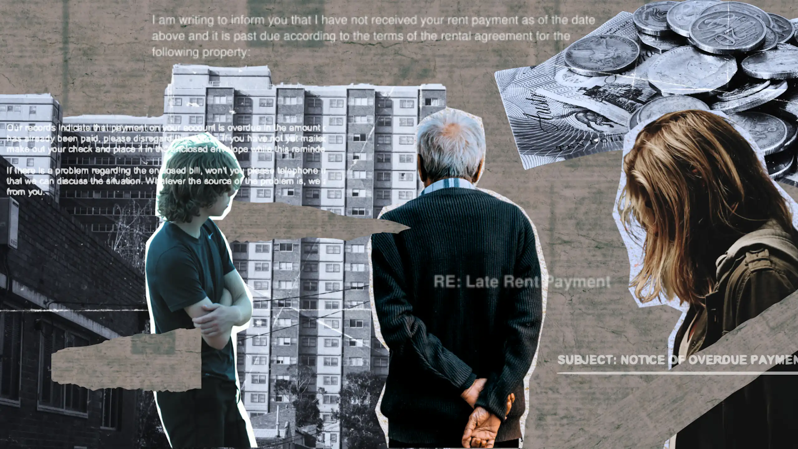 A composite of money, late payment notices, young and old people in a muted, grey colour palette