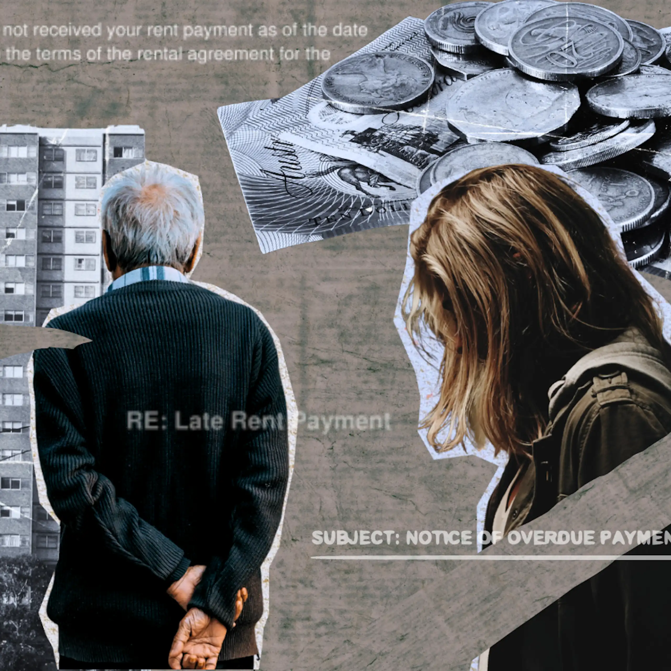 A composite of money, late payment notices, young and old people in a muted, grey colour palette