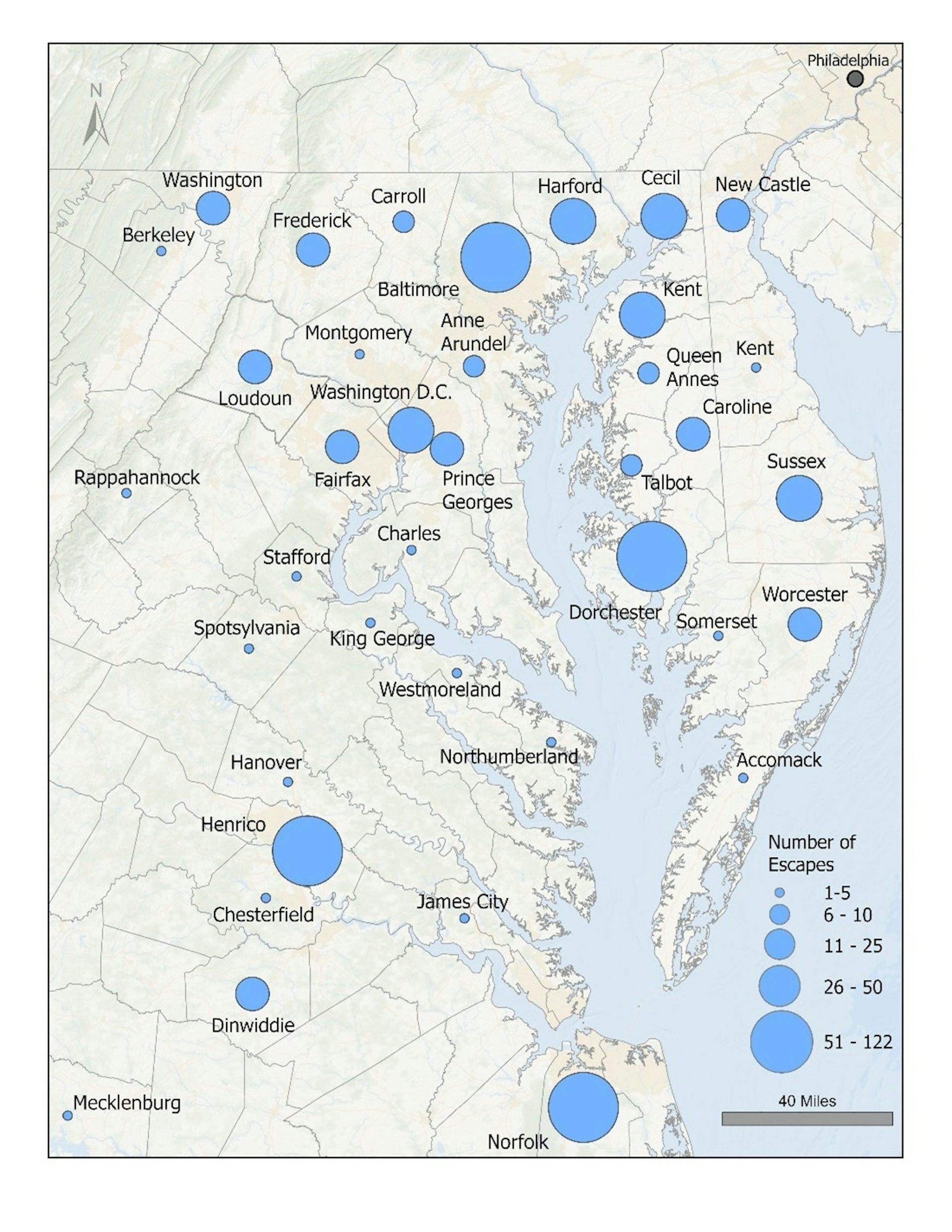 Map of Northeast U.S. with blue circles of different sizes on different cities