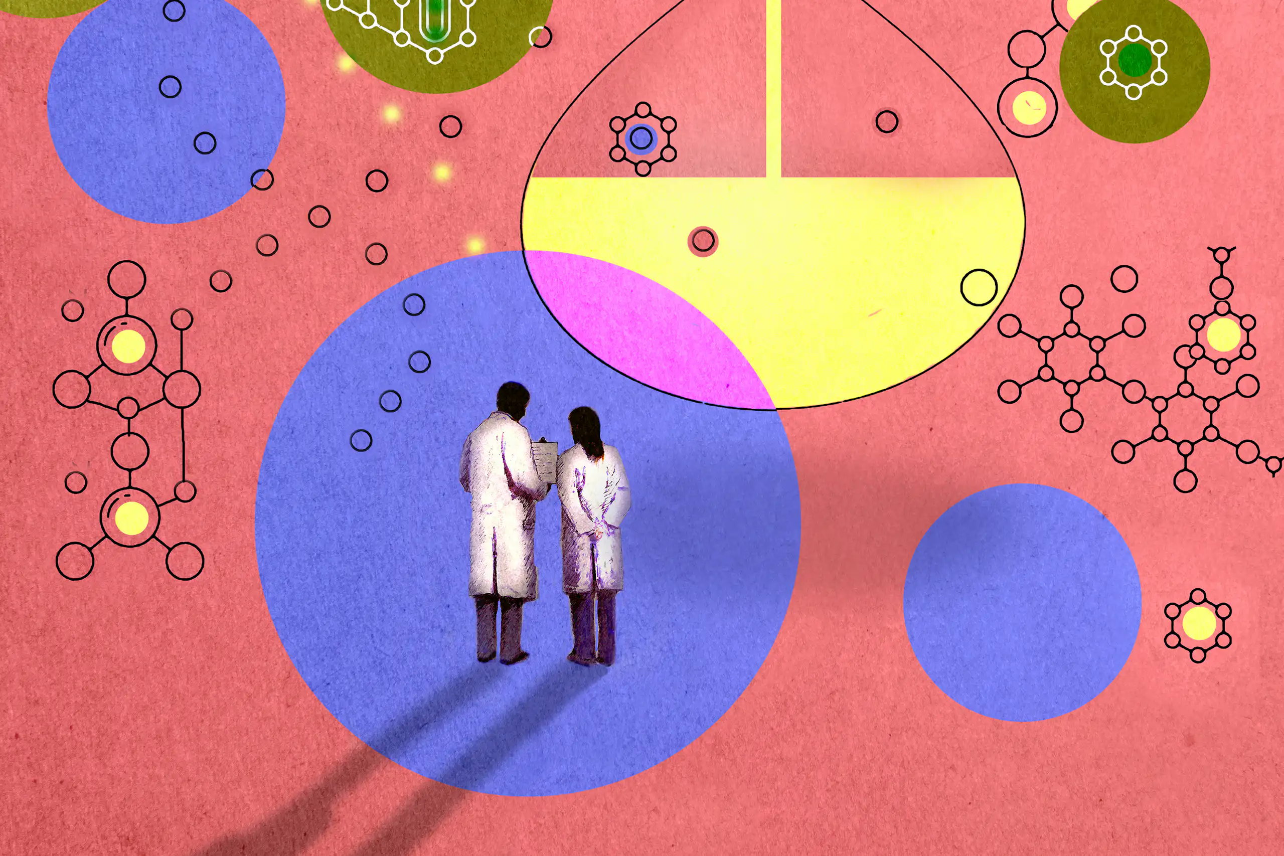 Colourful illustration of a man and women in lab coats against a background of scientific symbols.