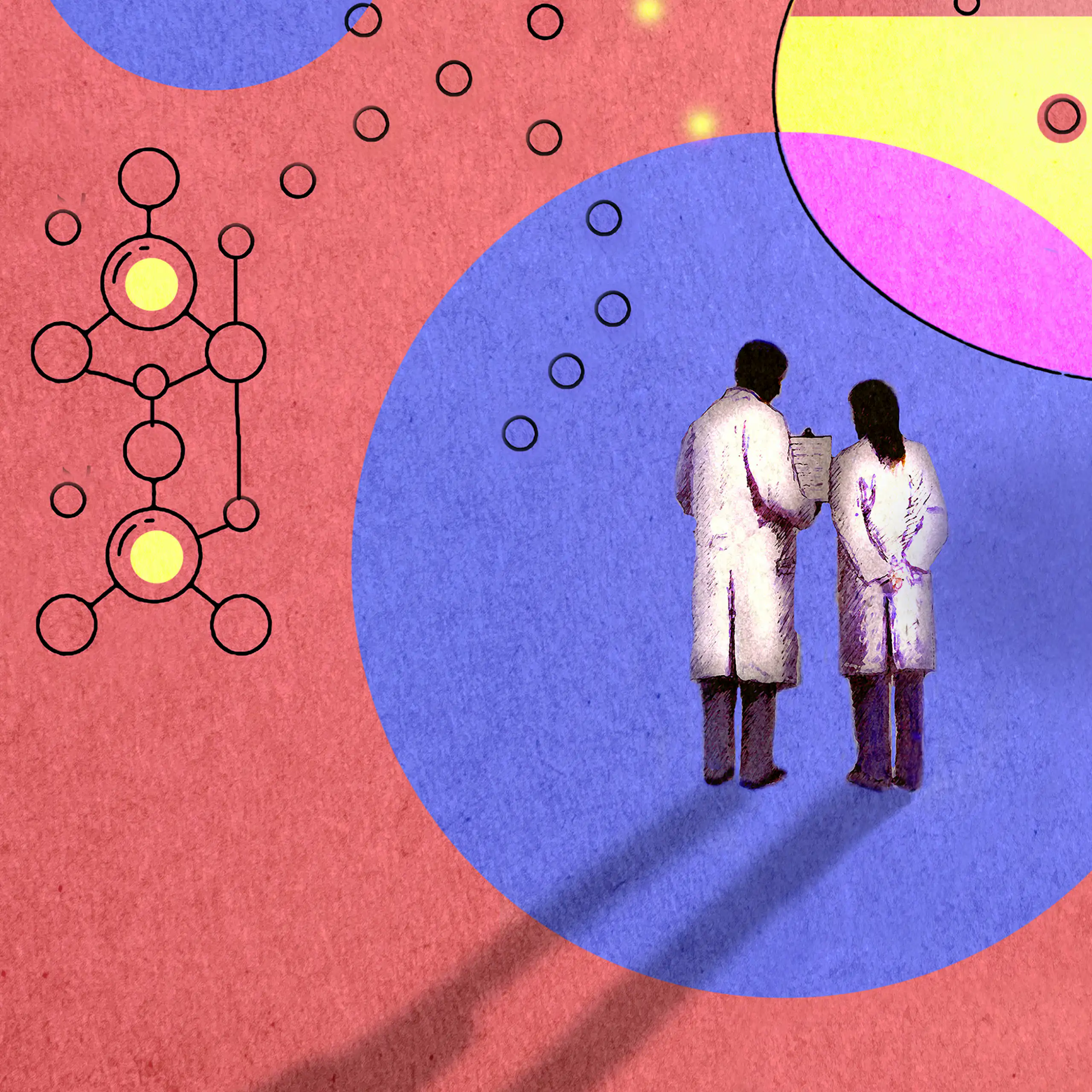 Colourful illustration of a man and women in lab coats against a background of scientific symbols.