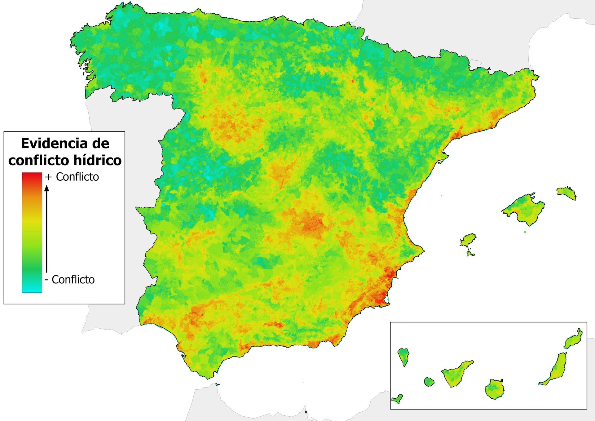 Mapa de España que muestra las zonas con mayor riesgo de conflictos por el agua