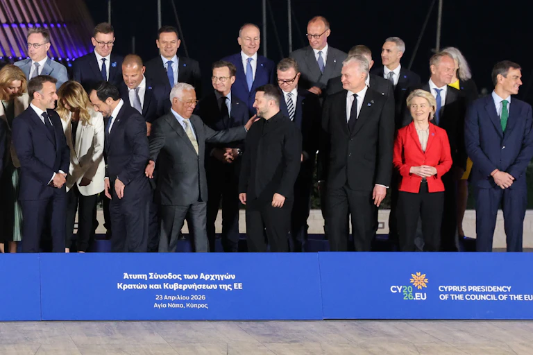 Family photo of EU leaders including Ursula von der Leyen, president of the European commission, and president of the European Council Antonio Costa with Ukrainian president Volodymyr Zelensky in Cyprus, April 23 2026.