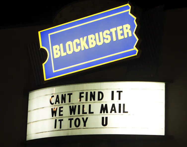 An ungrammatical sign over a Blockbuster store in Chicago reads: