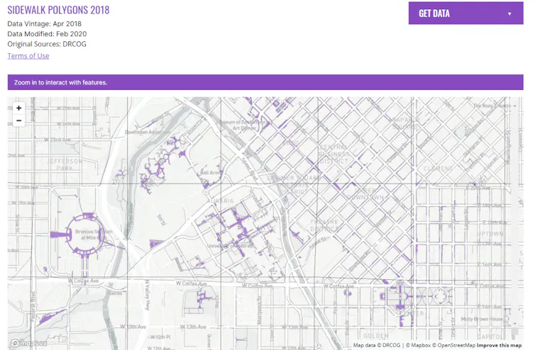 A map of Denver with faint purple lines to show where sidewalks are.