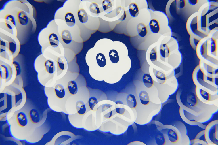 Multiple blurry copies of the Sora logo – a cartoon cloud with eyes – arranged as a kaleidoscopic graphic.