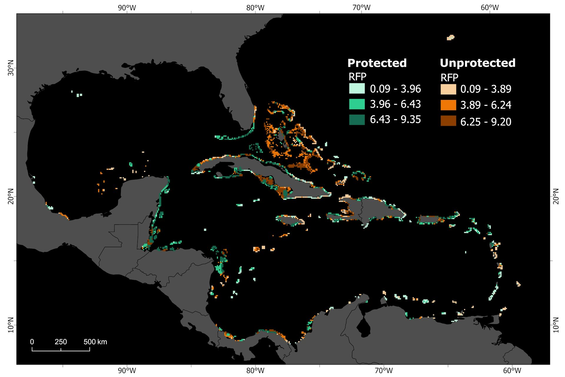 El mapa muestra dónde están protegidos los arrecifes funcionales y dónde no. Las Antillas Mayores y las Bahamas, por ejemplo, tenían varios arrecifes desprotegidos pero valiosos.
