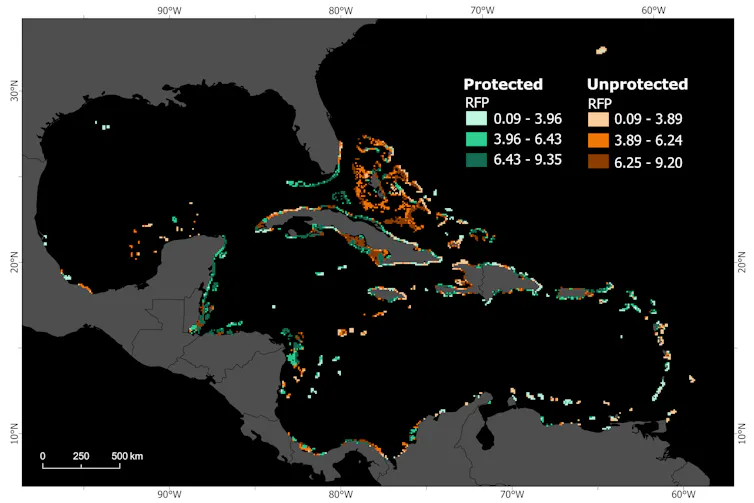 A maps shows where functional reefs are protected and where they are not. The Greater Antilles and Bahamas, for example, had several unprotected yet valuable reefs.