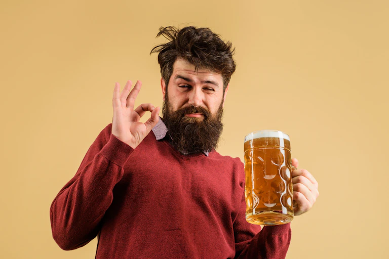 A drunk-looking man with a beard holding a pint of beer.
