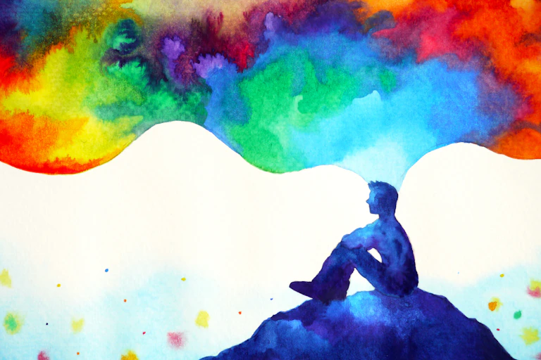 Illustration of the individual consciousness of a man sitting on a rock thinking to himself.