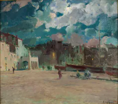 Pintura d'un poble pesquer de nit.