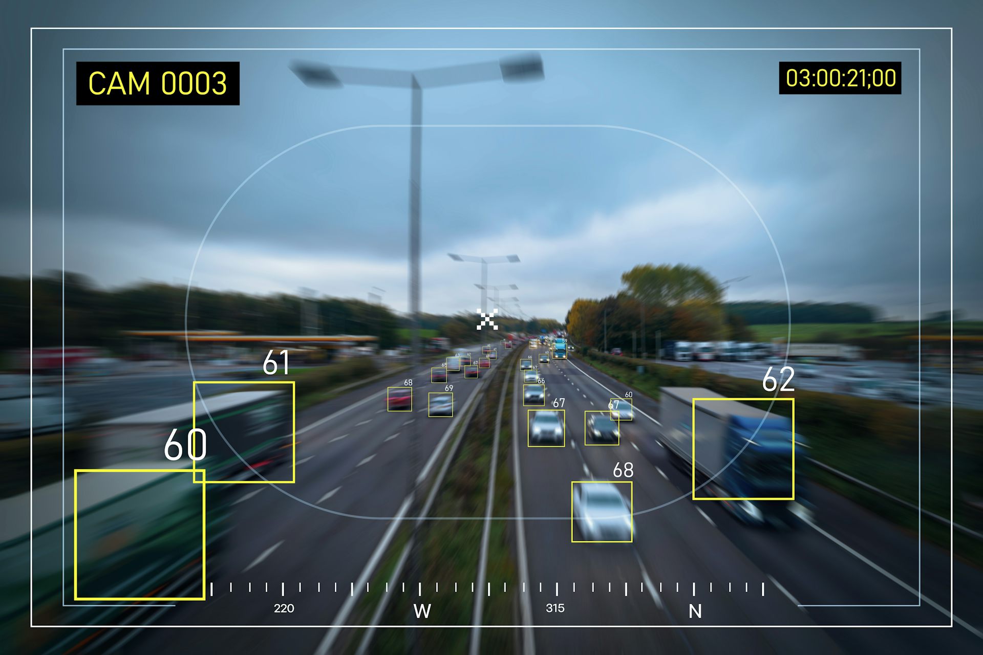 Illustration of a futuristic motorway in which every vehicle is tracked by AI.