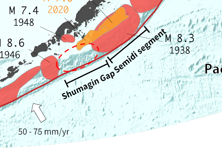 A map of southwest Alaska's Aleutian islands shows large earthquakes and the gap with no big earthquakes.