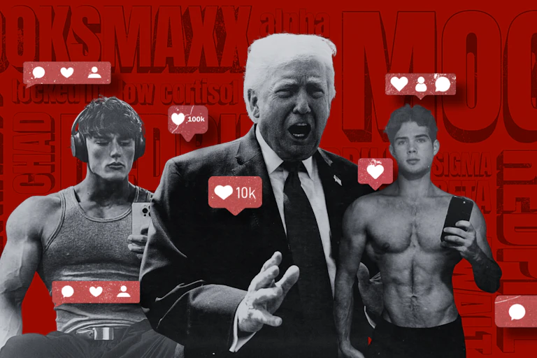 A composite image of Donald Trump in between two shirtless muscular men