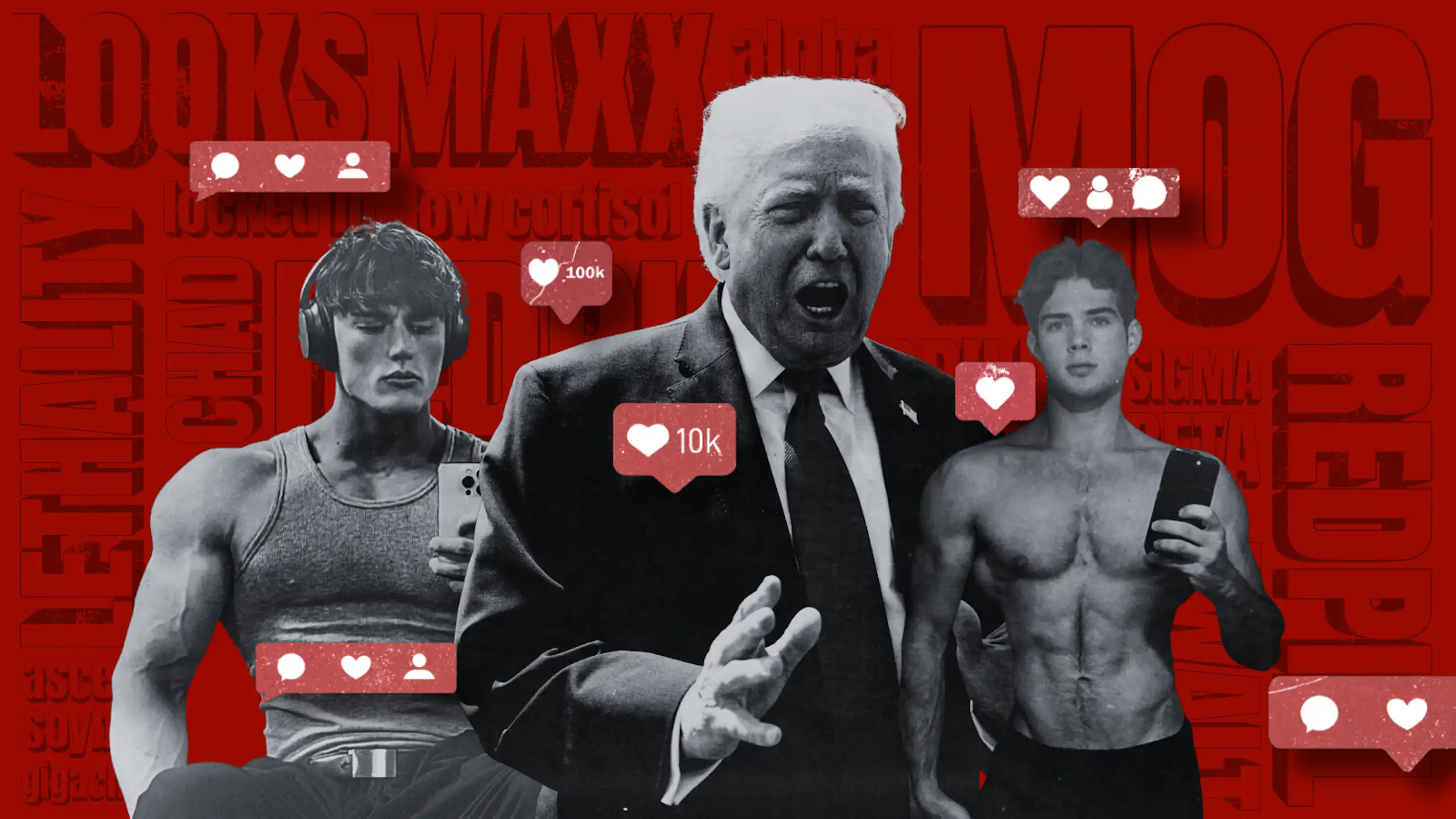 A composite image of Donald Trump in between two shirtless muscular men
