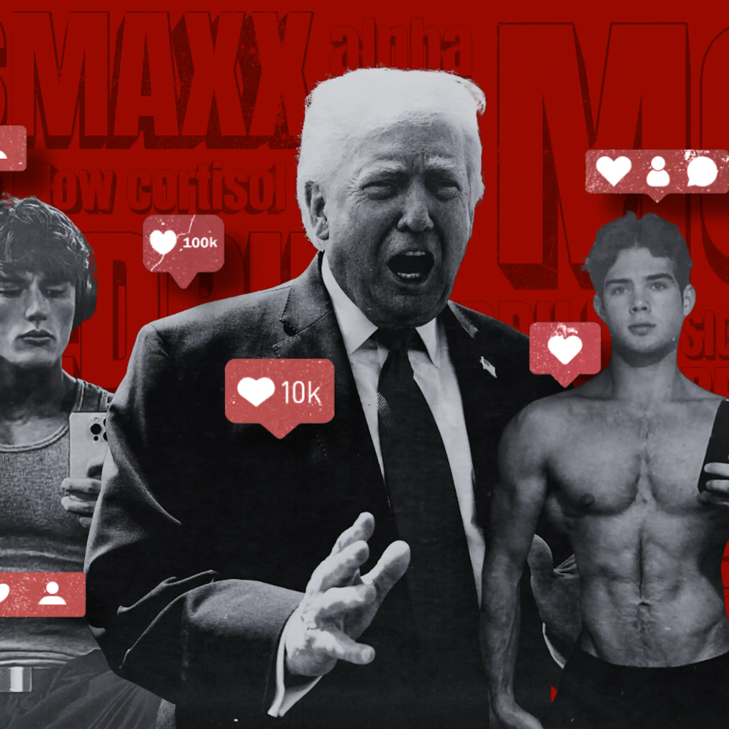 A composite image of Donald Trump in between two shirtless muscular men